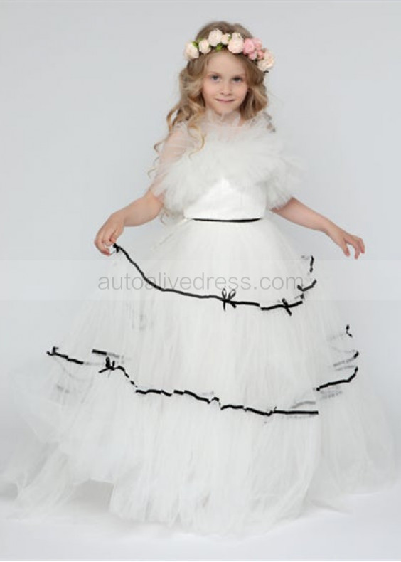 Ivory Black Stripe Ruffle Tulle Illusion Pearl Buttons Back Flower Girl Dress